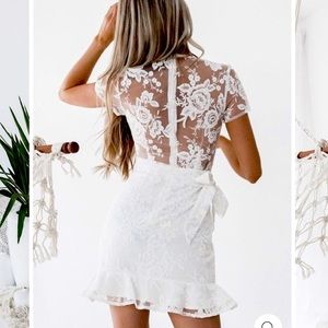 White Dress Short Sleeve, sheer Laced Back, bow